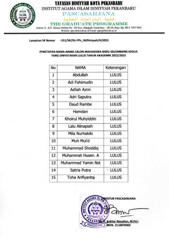 Pengumuman Kelulusan Tes Gel. 2 TA. 2022/2023 Genap